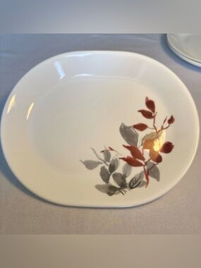 Corelle Kyoto Leaves Oval Serving Platter Plate Japanese Watercolor Red Gray 12"